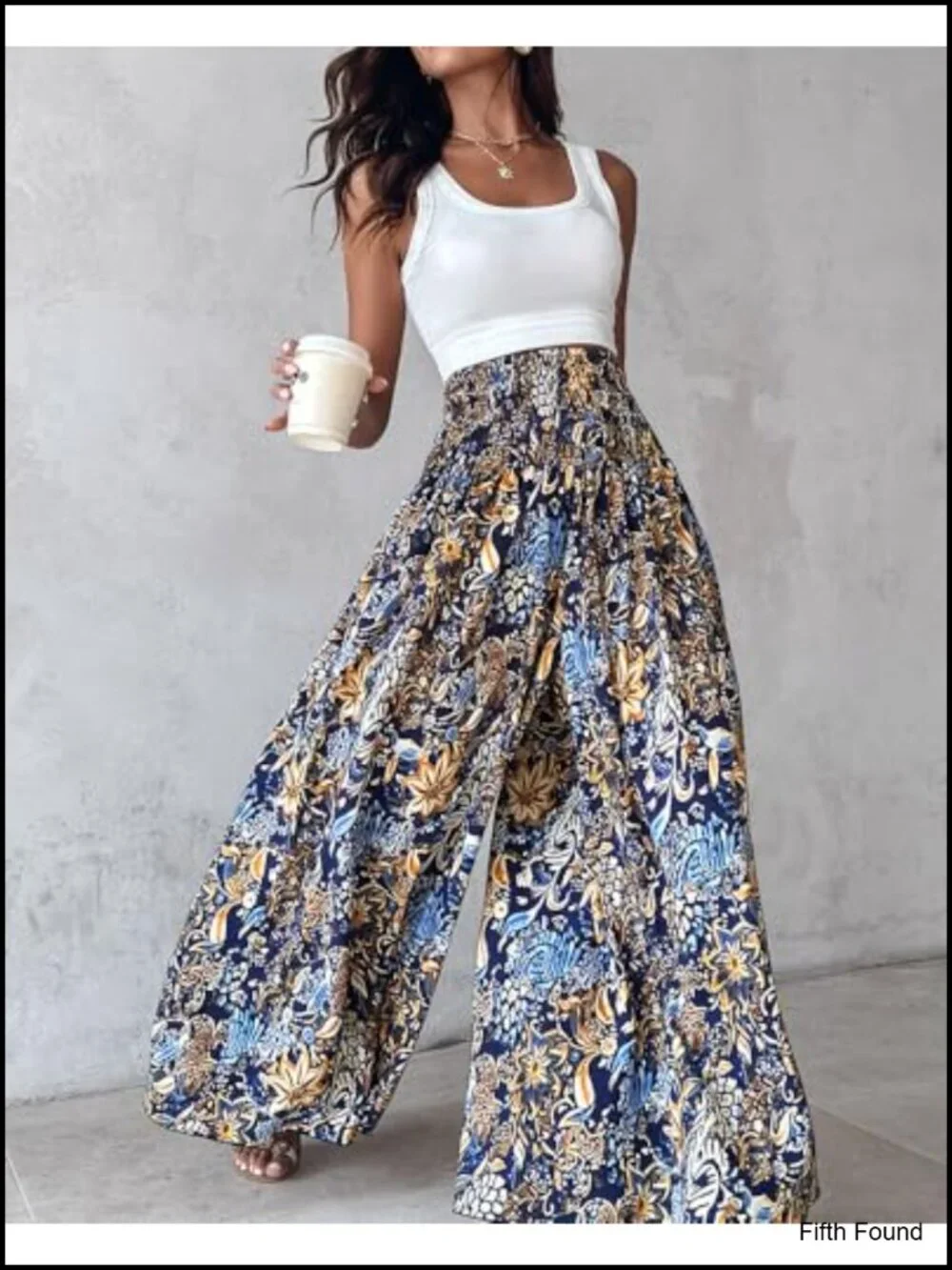 Boho Floral Shirred High Waisted Wide Leg Palazzo Pants Flow